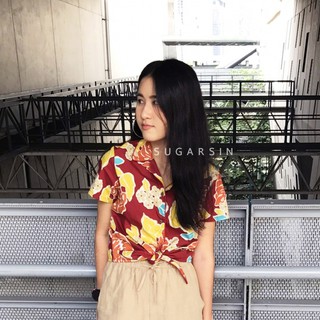 🦋 พร้อมส่ง รูปถ่ายจากสินค้าจริง 🦋 BURGUNDY HAWAII TOP - เสื้อแขนสั้น