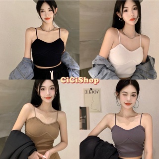 cicishop(1820)สายเดี่ยวครอปไหมพรม ผ้าknitทอร่องใส่แมทช์ง่ายสไตล์โคเรีย