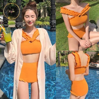 🏖BikiniTime (S-XL) มี3สี ชุดว่ายน้ำทูพีซบิกินี่ พร้อมฟองน้ำเสริม กางเกงเอวสูงเก็บทรง สีสวยสดใส (SB27)