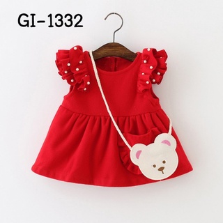 เดรสสั้นเด็กผู้หญิง สีแดง แขนระบายแต่งไข่มุก พร้อมสายสะพายหมี GI1332