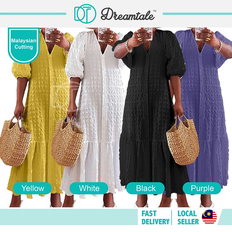Dreamtale Keyva ผู้หญิงชุด V คอจีบชุดยาวปุ่มออกแบบชุดลําลอง Maxi ชุด WCO106
