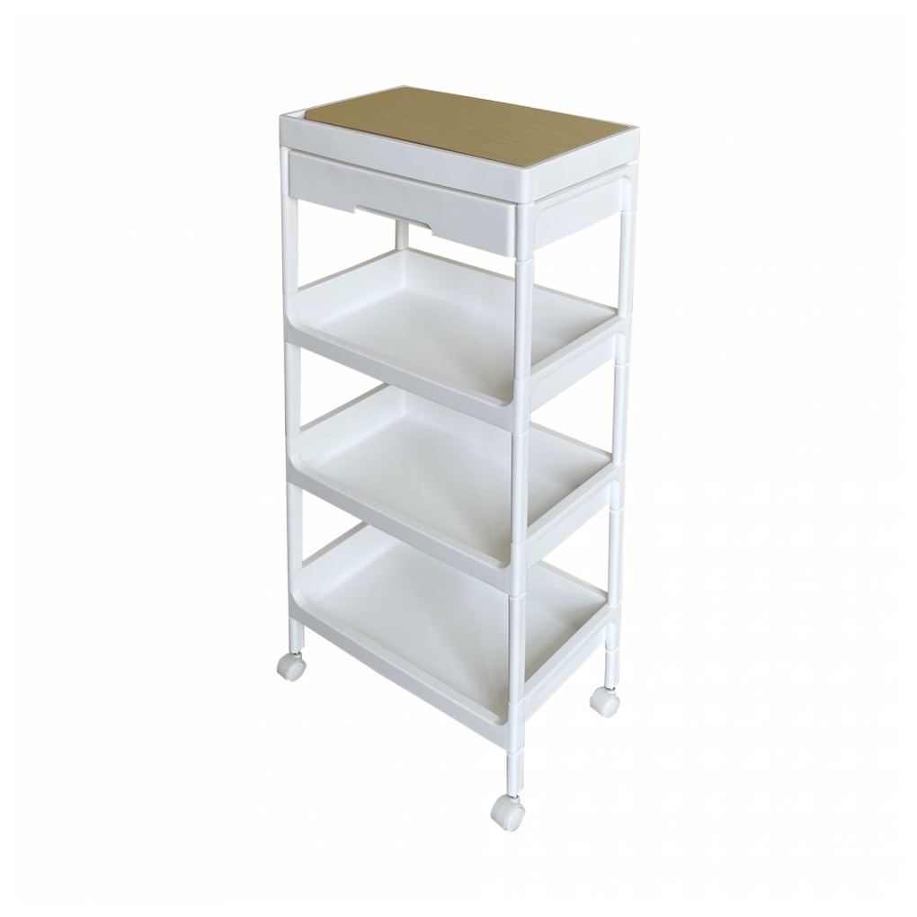 GOME ชั้นวางพลาสติกท็อปไม้ 4 ชั้น พร้อมถาดลิ้นชัก รุ่น GD915WH ขนาด 40X26X91.5 CM. สีขาว