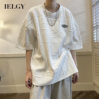 Ielgy เสื้อยืดคอกลม แขนสั้น พิมพ์ลายตัวอักษร สามมิติ สไตล์ฮ่องกง สําหรับผู้ชาย