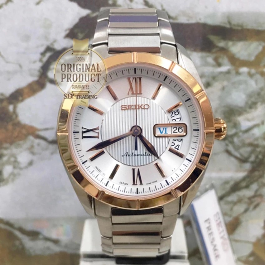 SEIKO Presage Automatic Men's Watch สีเงิน/สีRosegold สายสแตนเลส รุ่น SRP178J1