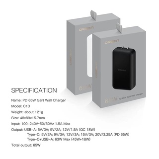 SY SYหัวชาร์จ =ชาร์จเร็ว 65W QC 3.0  พอร์ต USB และ Type C   Eloop C13 GaN