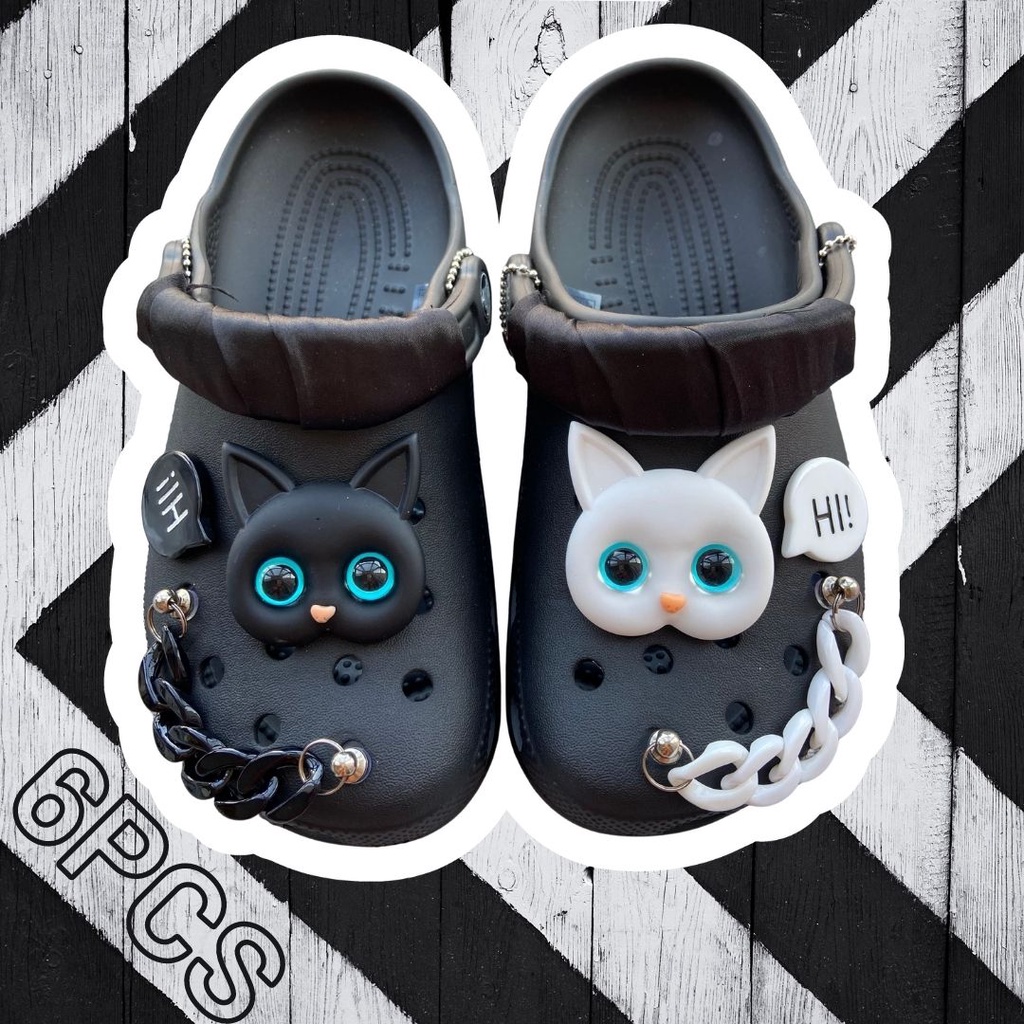 【 Ooyoudo】6 ชิ้น สีดํา สีขาว โซ่คู่ แมว croc jibz จี้ปุ่ม DIY แฟชั่น อุปกรณ์เสริม#ชุดขาวดํา【แตะผู้หญิง jibitz อุปกรณ์เสริม】