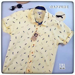 เสื้อเชิ้ตแขนสั้น คอปก ผ้า Oxford ลายจากัวร์ สีเหลือง มีไซส์ถึง 4XL