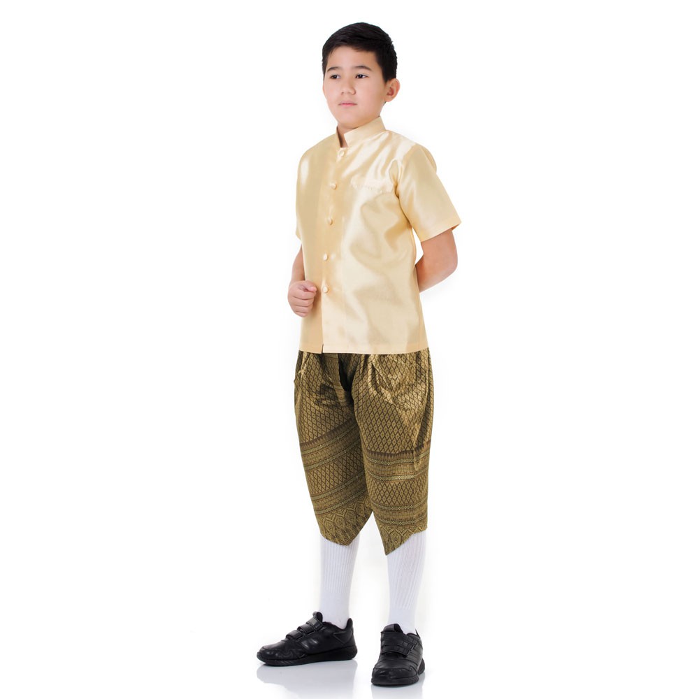 ชุดไทยเด็กชายราชปะแตนแขนสั้นและโจงกระเบนผ้าไหมเทียม