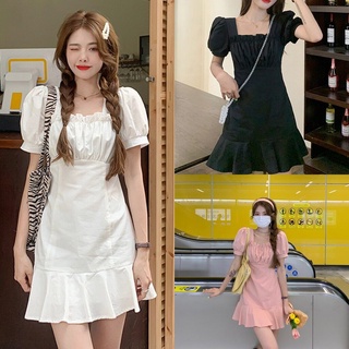 Dress🌻พร้อมส่งสามสีฝรั่งเศสเซ็กซี่น่ารักสไตล์พัฟแขนสั้นชุดSF4103