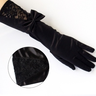 ℜ-ℜ  Women Ladies Black Satin Full Finger Long Gloves Floral Lace Patchwork Bowknot Wedding Dance Party Brides Bridesmaids Dress Mittens