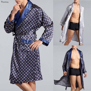 STYLEF-~Satin Silky Sleepwear Kimono Bathrobe Robe Dressing-Gown Mens Loungewear Pajama-【STYLEF-Fashion】