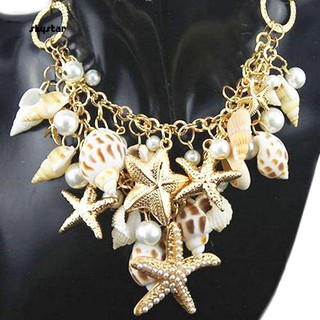 SKYSTAR_Womens Ocean Sea Shell Faux Pearl Starfish Layered Statement Necklace Jewelry