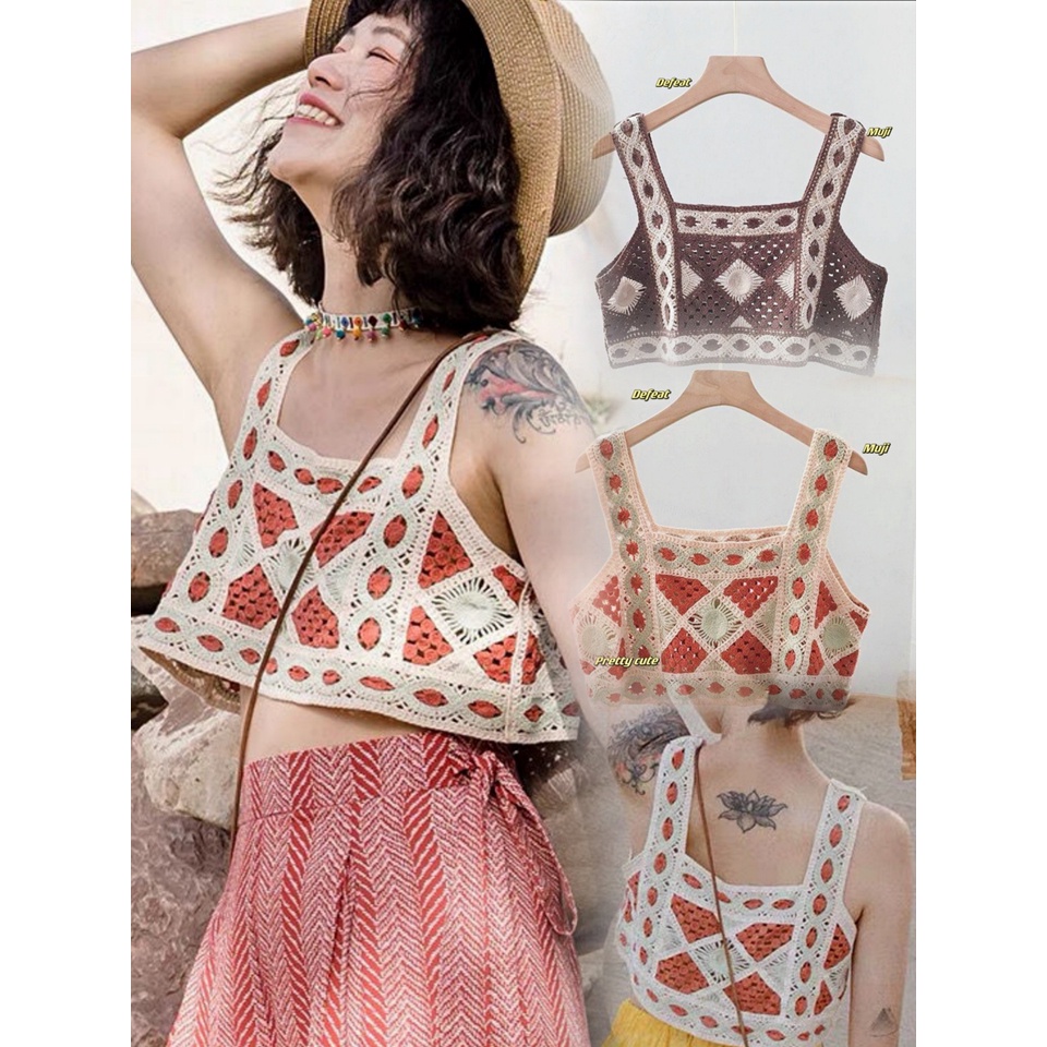 เสื้อครอปไหมพรมสายเดี่ยวใหญ่ ทรงแขนกว้าง 2 สี ถักลายสีทูโทน สวยมาก.009#