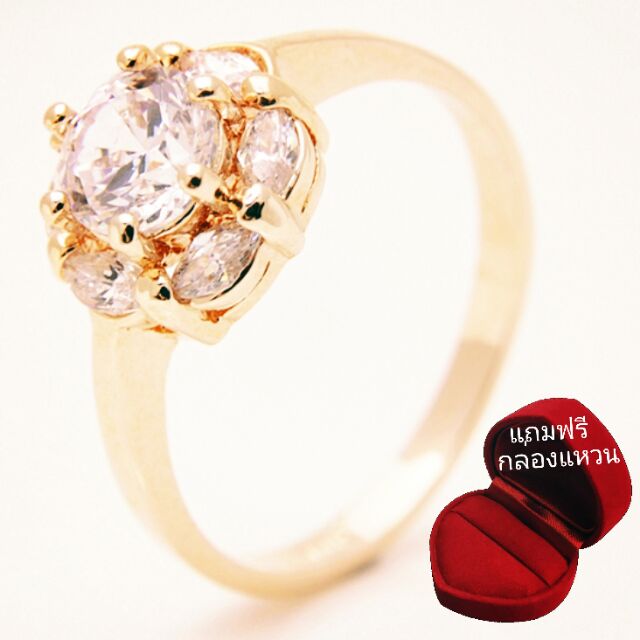 FS🔥💯🇹🇭 ฟรีกล่องแหวน แหวนเคลือบทองคำ 14K หัวแหวนดอกไม้ White Sapphire, Flower Style ขนาดแหวนเบอร์ 7.5