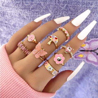 แหวนเซ็ตสีชมพูสายฝอ 8pcs Pink  Detail Ring Set