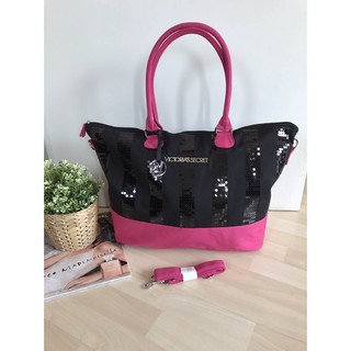 กระเป๋า Victorias Secret Black Sequin&amp;Pink Extra Large  Tote Bag