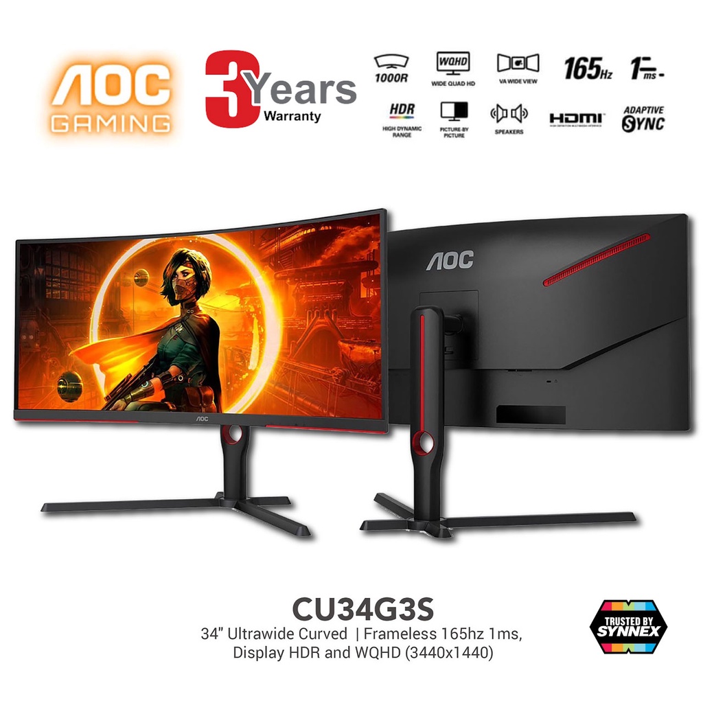 AOC CU34G2XP  34" 1500R Curved Ultrawide Gaming Monitor, 21:9, 3440X1440 . 1ms , 180hz, PIP, Multitask