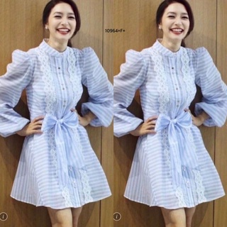 👗Pfashion [ส่งไว!!🚛] P10964 เดรสริ้สแต่งลูกไม้กระดุมเพชร #มิวนิษฐา Dress with diamond lace trims and #มิวนิษฐา