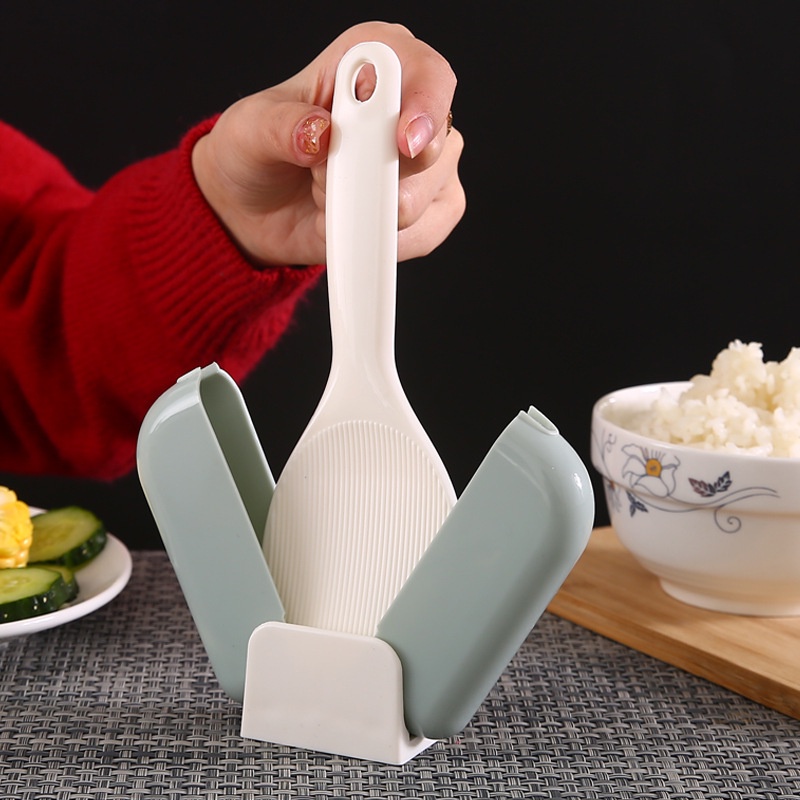 Portable Plastic Rice Scoop Automatic Open Close Dust Cover Tableware Standup Rice Spoon Holder