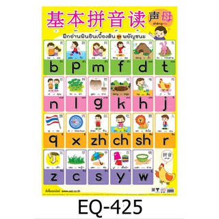 ฝึกอ่านพินอินเบื้องต้น พยัญชนะ EQ-425 สื่อโปสเตอร์ภาพ กระดาษ หุ้มพลาสติก