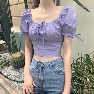 French style retro square neck bubble sleeve shirt women ins wind heart design sense minority Shirt Purple clavicle top