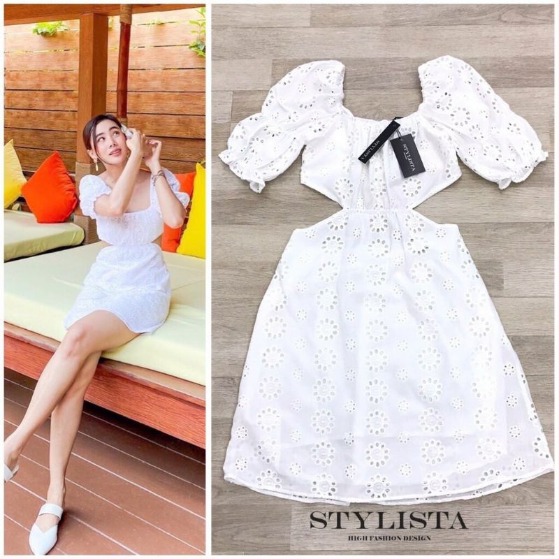 STYLISTA: ชุดเดรสแขนสั้น ฉลุลูกไม้ เว้าเอว เชือกผูกานช่วงหลัง