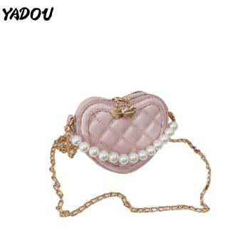 YADOU กระเป๋าใส่เหรียญเจ้าหญิงสไตล์ตะวันตกสาวๆโซ่crossbodyรูปหัวใจไข่มุกถือได้ด้วยมือ