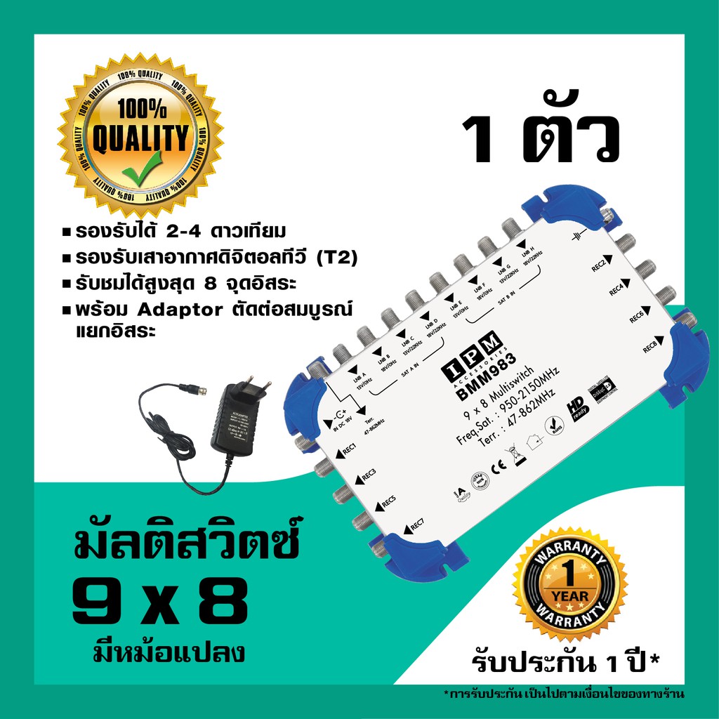 IPM มัลติสวิตช์ 9x8 ตัวแยกสัญญาณดาวเทียม รับชม 8 จุด เข้า 9 ออก 8 พร้อมหม้อแปลงไฟ (Multi switch IPM 