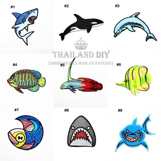 🦈 ตัวรีดติดเสื้อ งานปัก ลาย ปลา ฉลาม วาฬเพชฌฆาต โลมา ปลาทะเล Shark Orca Dolphin Fish Patch WOP DIY ตัวรีด อาร์มติดเสื้อ