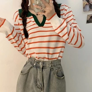 Cicishop(81018-1)เสื้อแขนยาวคอปกลายทาง ผ้าไหมพรมผ้ายืดได้เยอะ สไตล์เกาหลี