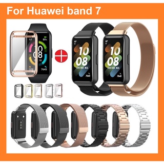 สาย Huawei band 7 สายนาฬิกาข้อมือ สเตนเลส แม่เหล็ก พร้อมเคส สําหรับ สายนาฬิกา Huawei band 7 Strap Staineless steel Strap เคส Huawei band 7 Case Magnetic Loop metal Strap Huawei band 7 Cover Full Covered Plated Cover Huawei band 6 Watch band