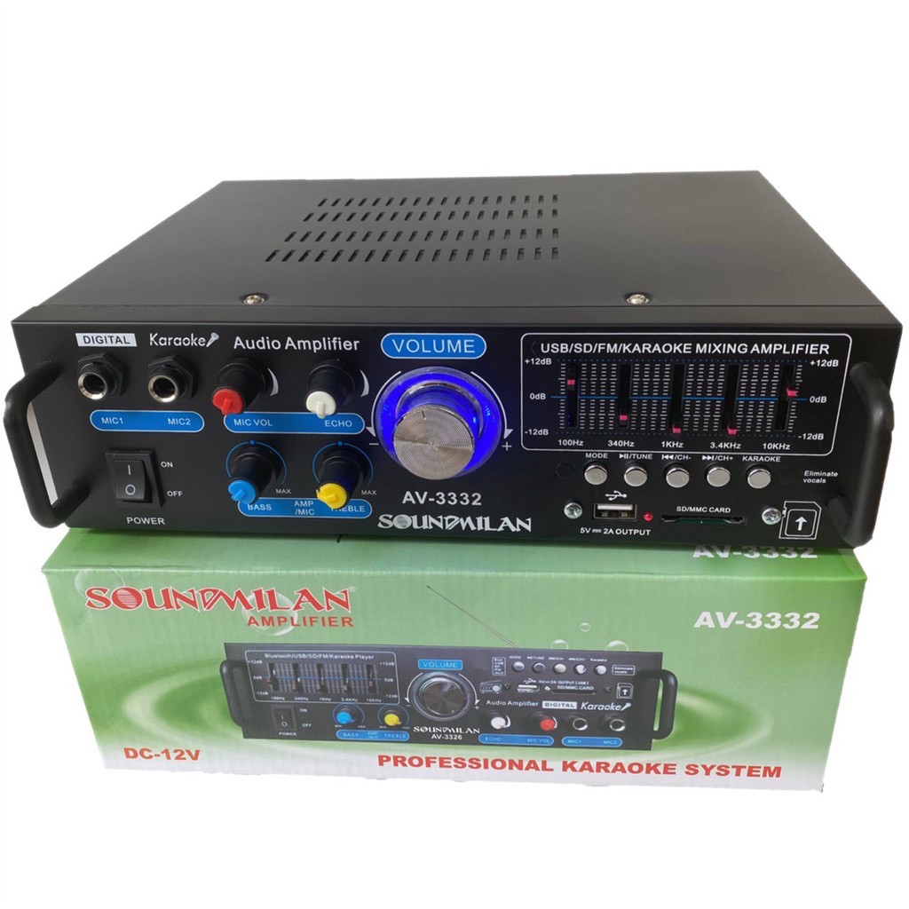 เครื่องแอมป์ขยายเสียง 2000w P.M.P.O แอมป์ขยายเสียง มีบลูทูธ USB MP3 ใช้ได้ทั้งไฟบ้านและไฟรถ รุ่น AV-3332 SOUNDMILAN