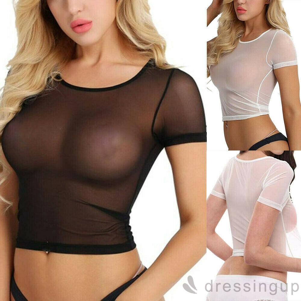 ดี❃♪เสื้อครอปผ้าตาข่ายเชียร์ซีทรูสําหรับผู้หญิง
