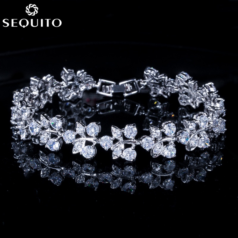 SEQUITO Elegant Leaf รูป Cubic Zirconia สร้อยข้อมือทองคําขาวสีแฟชั่นผู้หญิง CZ สร้อยข้อมือเครื่องประดับอุปกรณ์เสริม B131