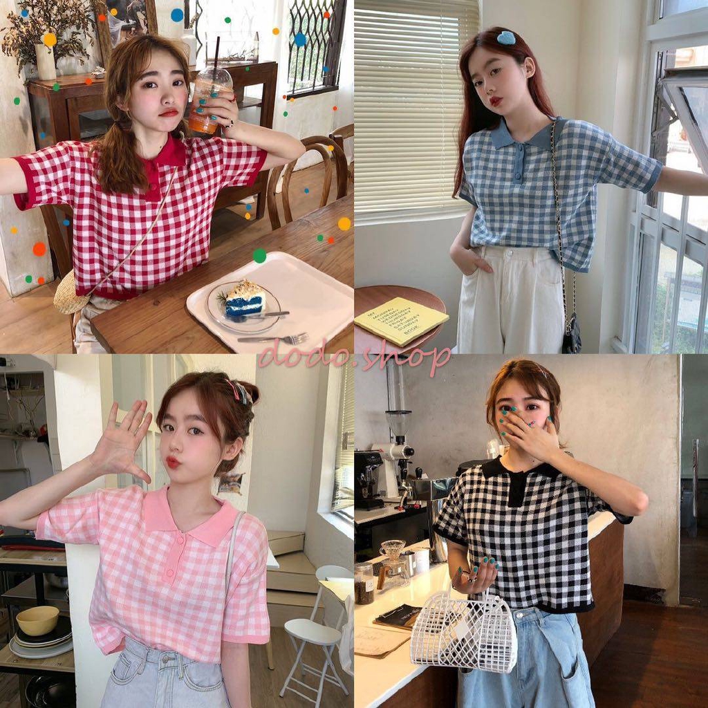 [DODO]พร้อมส่งเสื้อโปโลลายสก็อตเสื้อแฟชั่นผ้า​ไหมพรม​คอปก ลายทาง (3952-1)
