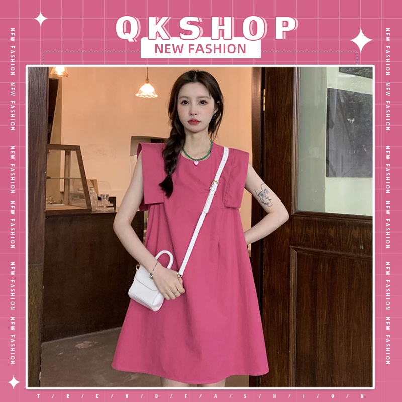 QKshop ชุดเดรสแต่งแขนกุด ดีไซน์เรียบๆ ให้ความมินิมอล แมทซ์กับผ้าใบคือเริ่ด สีพื้นผ้านิ่มสวมใ่สสบาย