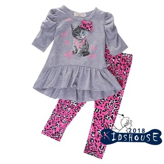 IHK-2pcs เด็กผู้หญิงเด็ก Cat เสื้อ Tops + Leopard กางเกง Leggings Outfits เสื้อผ้า 2-7Y