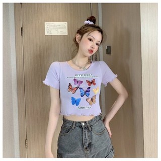 Cicishop🦋พร้อมส่ง🦋เสื้อไหมพรมครอปคอกลมเข้ารูป สกรีนลายผีเสื้อมินิมอล แต่งแขนหยัก