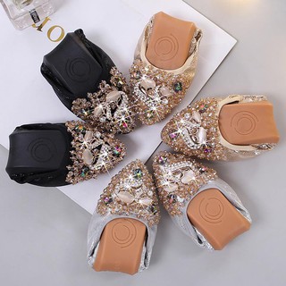 soft-soled พับได้หญิงตั้งครรภ์รองเท้าส้นแบน loafers บัลเล่ต์เจ้าสาว rhinestone รองเท้าผู้หญิง