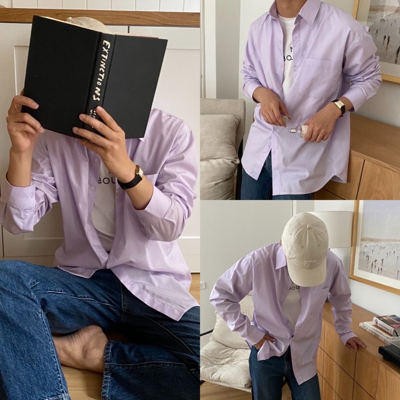 [100% Cotton] [ภาพจริง] เสื้อเชิ้ตผู้ชาย - HEE BY OHI - สีม่วงอ่อนพาสเทล 100% Cotton (hebyohi)
