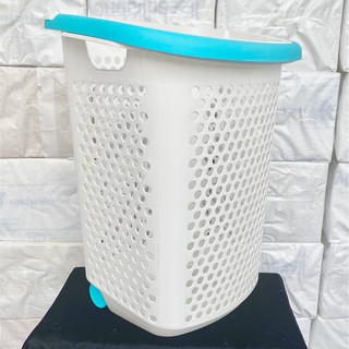 ตะกร้าผ้า ล้อลากใบใหญ่ ขนาด49*38.5*62cm หูสีเขียวมิ้นต์ BK137 Laundry basket