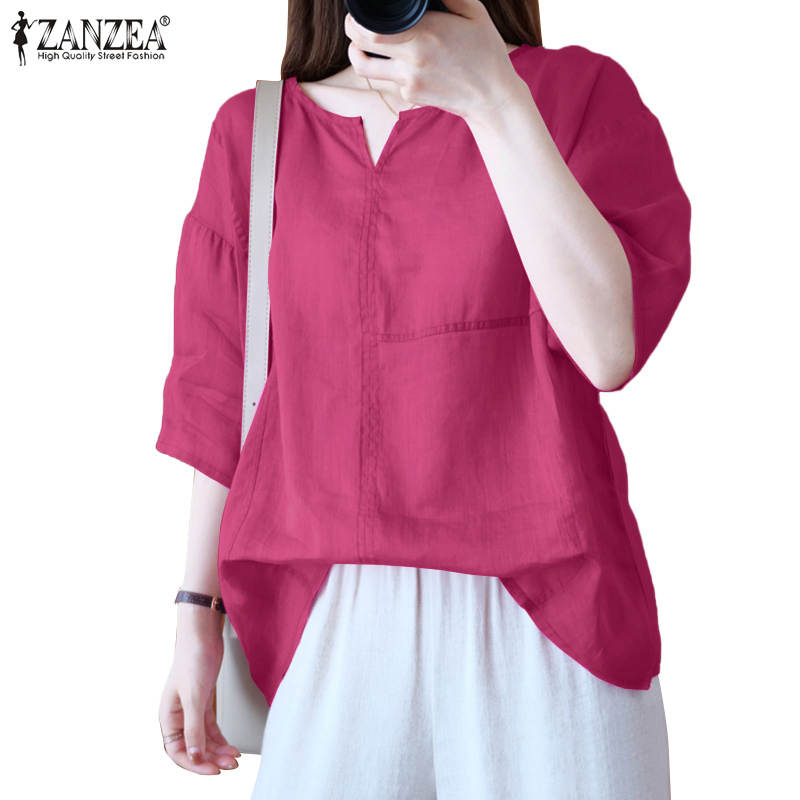 Zanzea เสื้อลําลอง แขนยาวครึ่งแขน คอกลม ผ้าฝ้าย สีพื้น ทรงหลวม สำหรับผู้หญิง