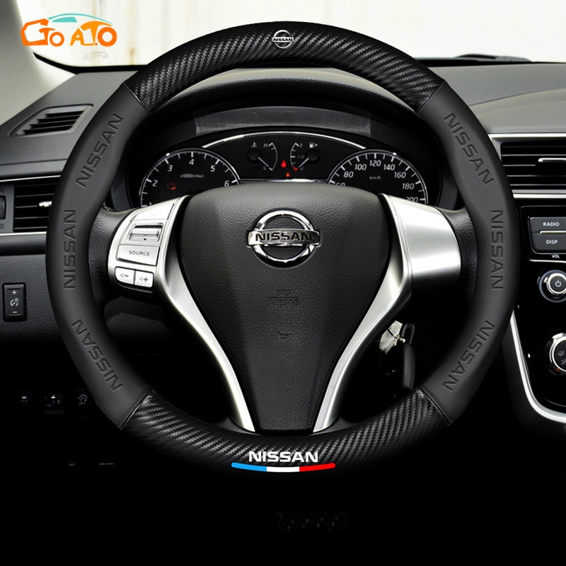 Gtioato พวงมาลัยรถ 38 ซม.พวงมาลัยรถคาร์บอนไฟเบอร์ PU หนังพวงมาลัยพวงมาลัยสําหรับ Nissan March Almera