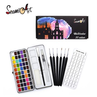 SeamiArt ชุดสีน้ำ แบบเนื้อแข็ง 50 สี พร้อมพู่กันระบายสีน้ำ 6 ชิ้น เหมาะสำหรับเป็นของขวัญ