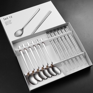 Korea Stainless Utensil 12 Pieces ชุดช้อน ตะเกียบเกาหลี สแตนเลสแท้ 304 ไม่เป็นสนิม Spoon Chopstick ชุดของขวัญ ของชำร่วย