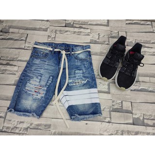 กางเกงขาสั้นยีนส์ สไตล์  denim ฟอกสดแถบหนัง