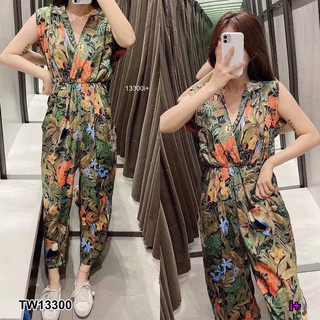 J13300 Jumpsuit จั๊มสูท แขนกุด ลายใบไม้ Leaf print sleeveless jumpsuit