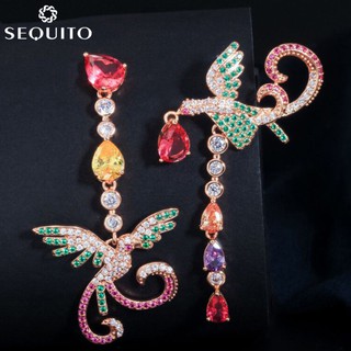 Sequito ต่างหูเงิน 925 จี้คริสตัล รูปนกฟินิกซ์ สีแดง สีเขียว สีโรสโกลด์ เครื่องประดับ สําหรับผู้หญิง E143