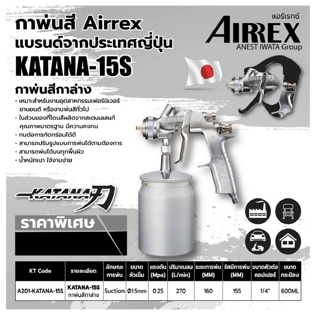 กาพ่นสี AIRREX by IWATA japan แบรนด์จากญี่ปุ่น รุ่น KATANA กาล่าง หัว 1.5