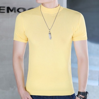 เสื้อยืดแขนสั้น คอเต่า ผ้าเรยอน สีพื้น แฟชั่นฤดูร้อน สําหรับผู้ชาย